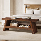 47-Inch 2-Tier Wooden Storage Bench, Open Shelving Hallway Seat with Solid Fir Frame for Living Room