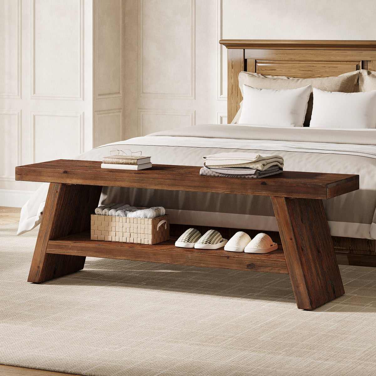 47-Inch 2-Tier Wooden Storage Bench, Open Shelving Hallway Seat with Solid Fir Frame for Living Room