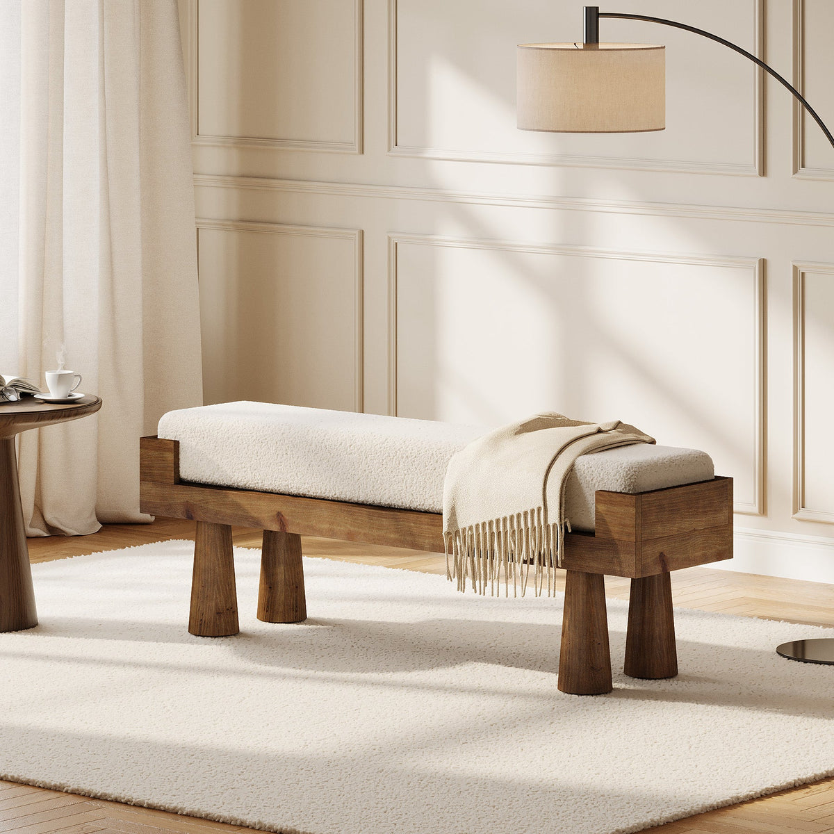 Upholstered Entryway Bench with Solid Wood Legs, Mid-Century Shoe Bench for Bedroom and Living Room