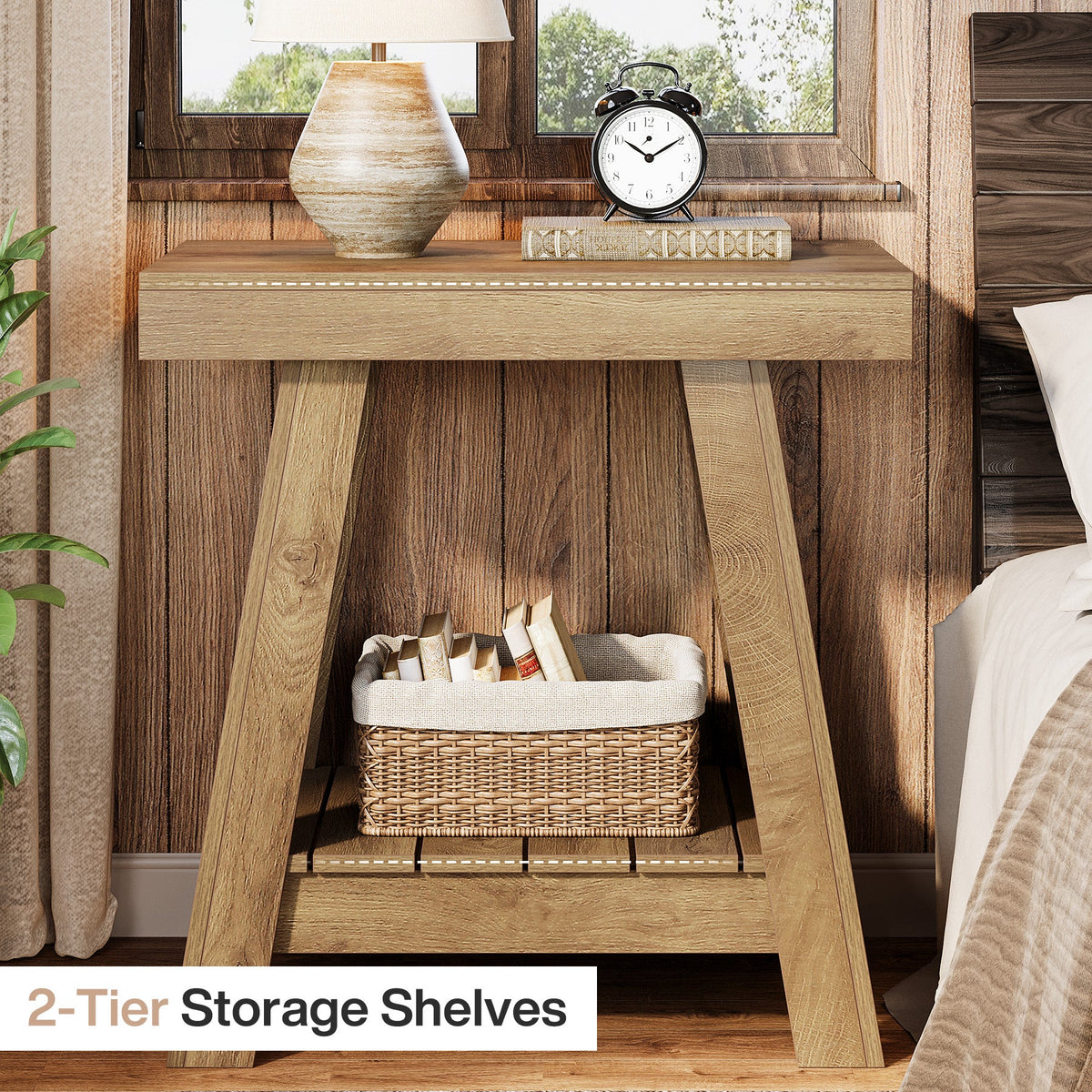 23.6 Inch 2-Tier End Table with Trapezoidal Base, Farmhouse Side Table for Small Spaces