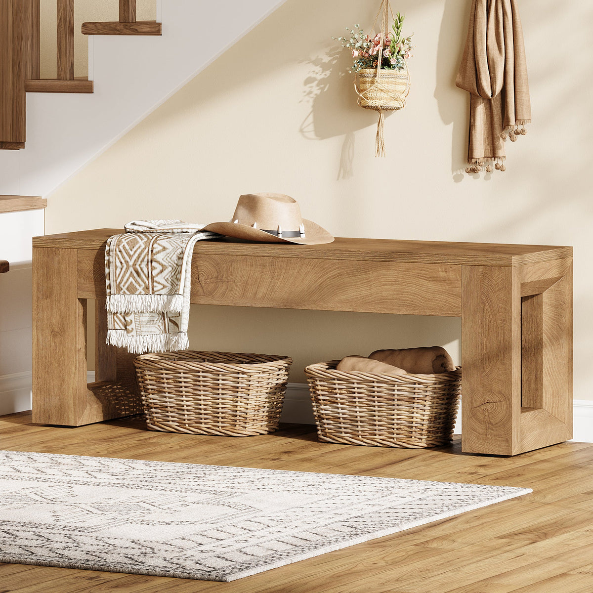 47-Inch Farmhouse Entryway Bench, Long Wood Shoe Bench with Reinforced MDF Structure for Hallway