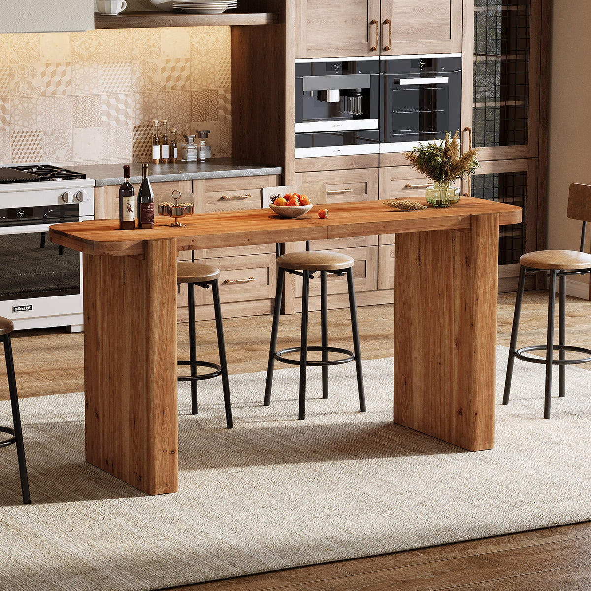 63-Inch Solid Wood Bar Table, Counter Height Pub Table for Kitchen and Dining Room
