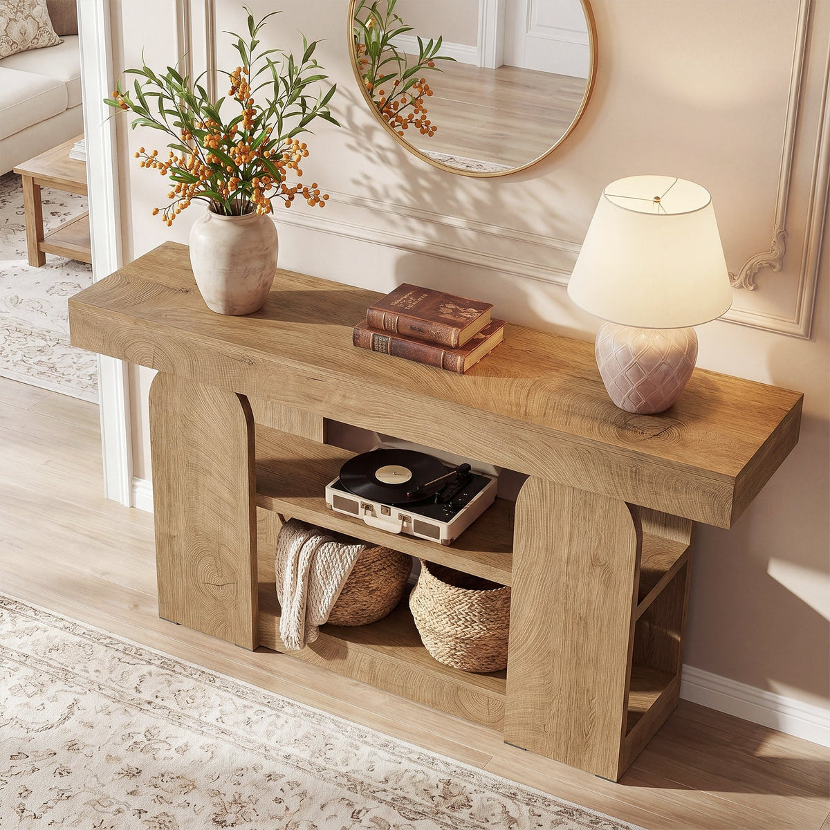 63-Inch Farmhouse Console Table with 3-Tier Storage Shelves, Long Narrow Entryway Table for Living Room and Hallway