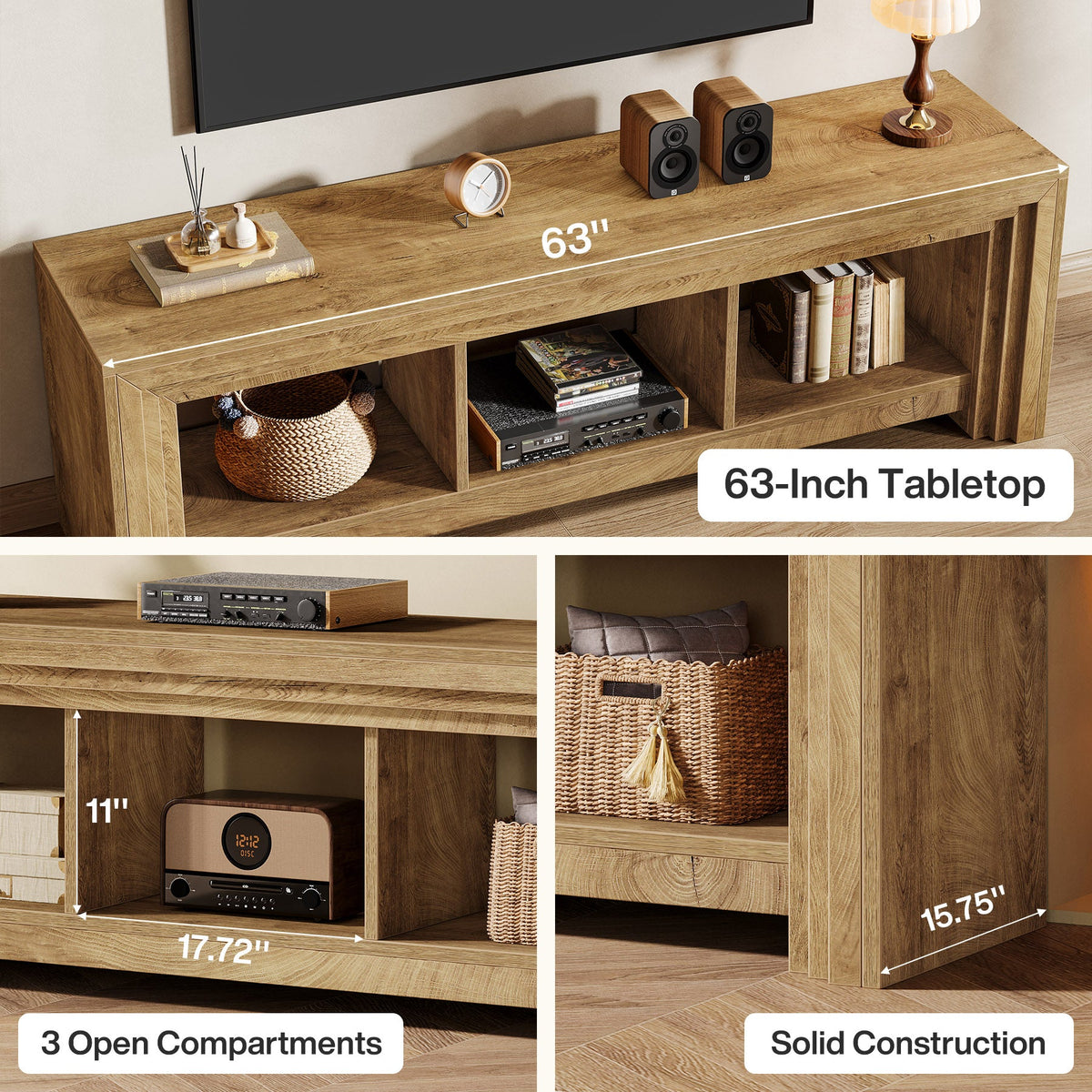 63-Inch Farmhouse TV Stand, Oak Media Console with Open Storage for Living Room