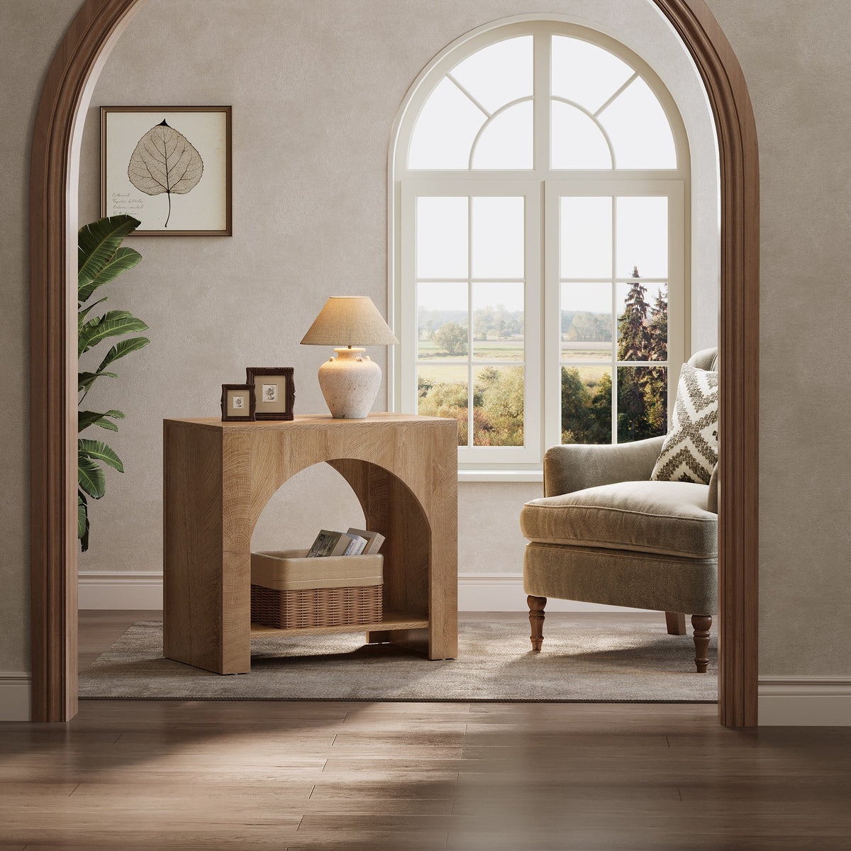 27.6 Inch Farmhouse Side Table with Storage, Large Wooden End Table with Cabinet Shelf for Living Room