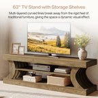 63-Inch Farmhouse TV Stand with 3-Tier Storage, Curved Media Console for Living Room
