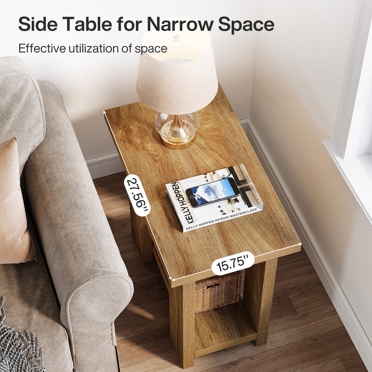 27.6-Inch Wooden Side Table with 2-Tier Shelf, Farmhouse End Table for Small Spaces