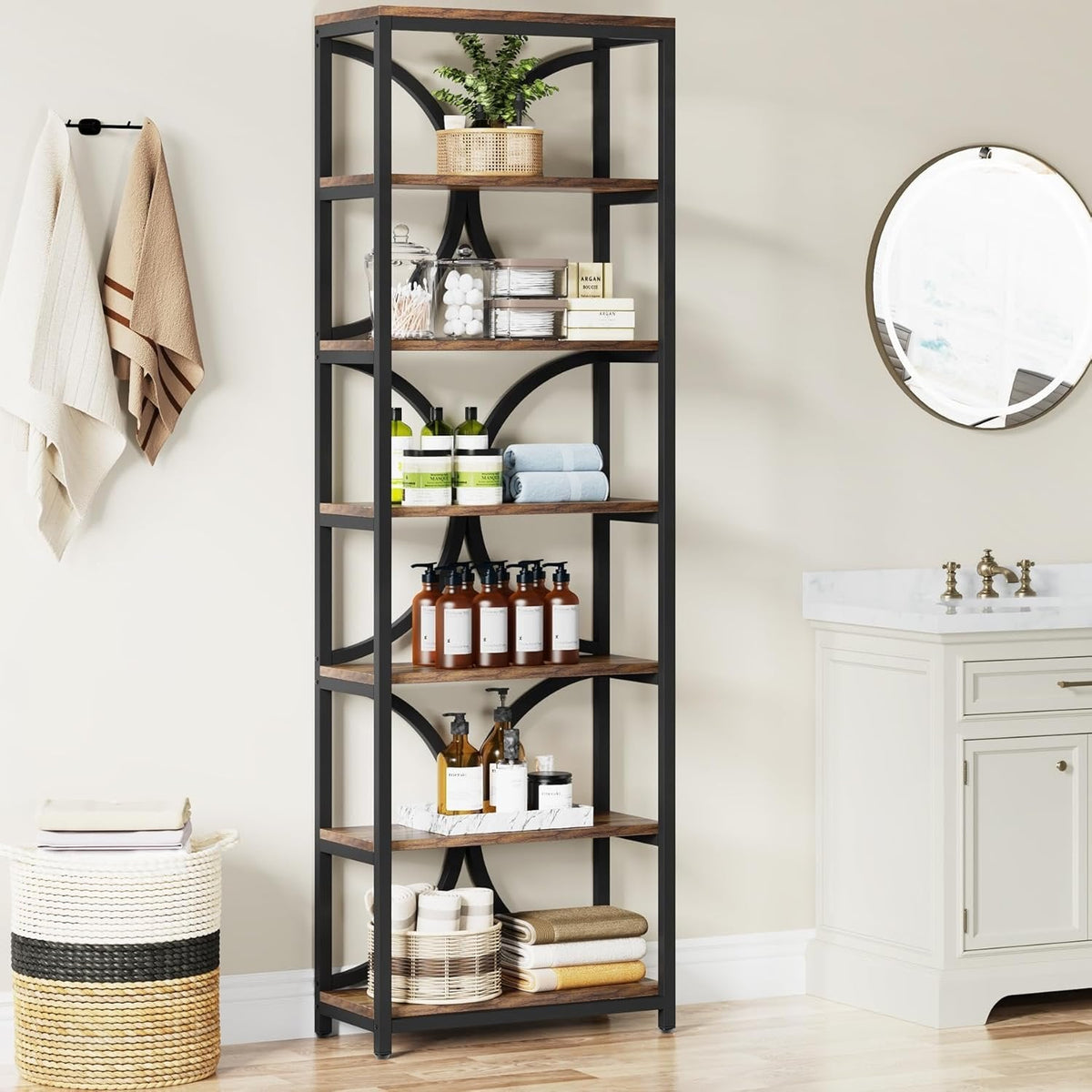 78.74 Inches High 6-Tier Open Shelf for Home Office and Living Room in Brown