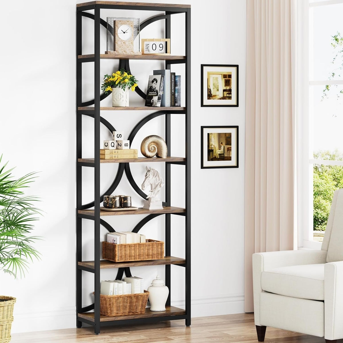 78.74 Inches High 6-Tier Open Shelf for Home Office and Living Room in Brown