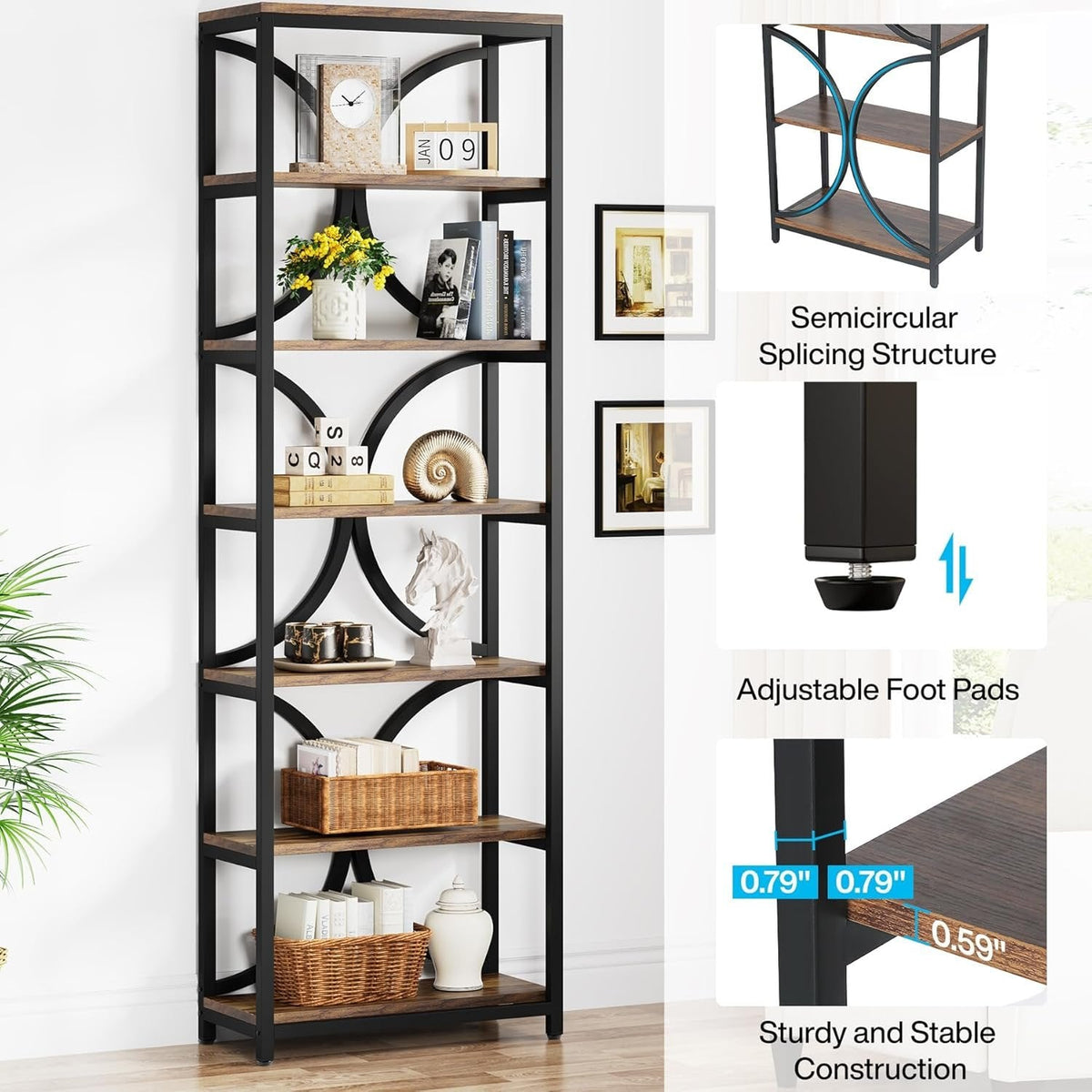 78.74 Inches High 6-Tier Open Shelf for Home Office and Living Room in Brown