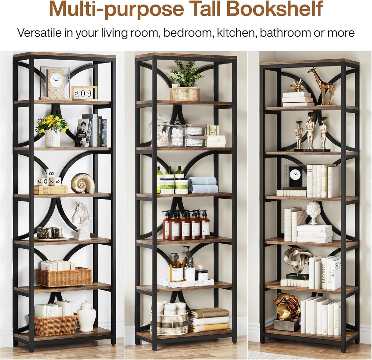 78.74 Inches High 6-Tier Open Shelf for Home Office and Living Room in Brown