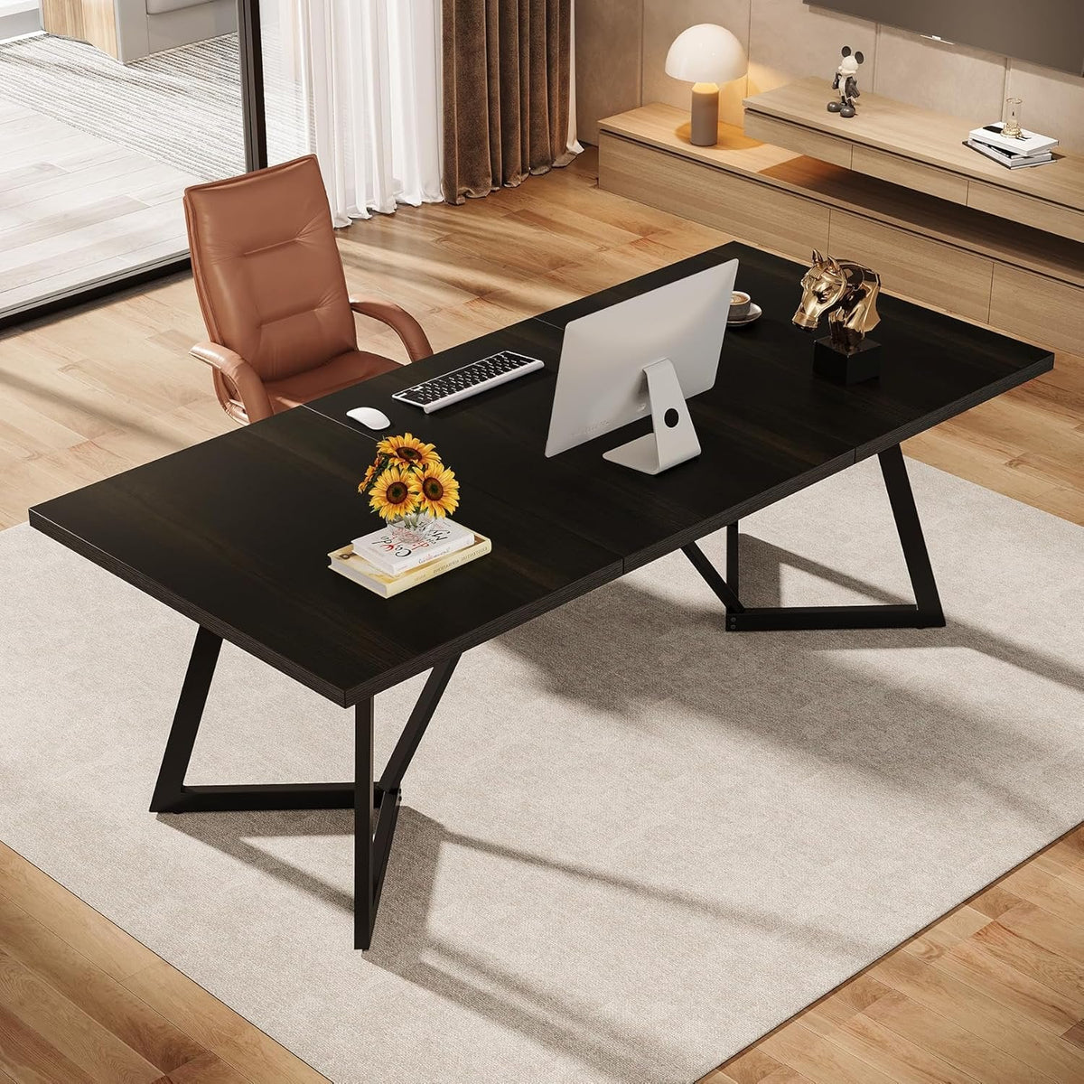 70.86-Inch Modern Executive Desk, Black Office Workstation with Sturdy Metal Frame