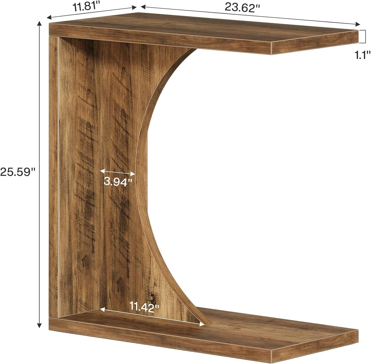 C Shaped End Table for Couch in Rustic Brown, Small Wooden Bedside Table Laptop Work Desk
