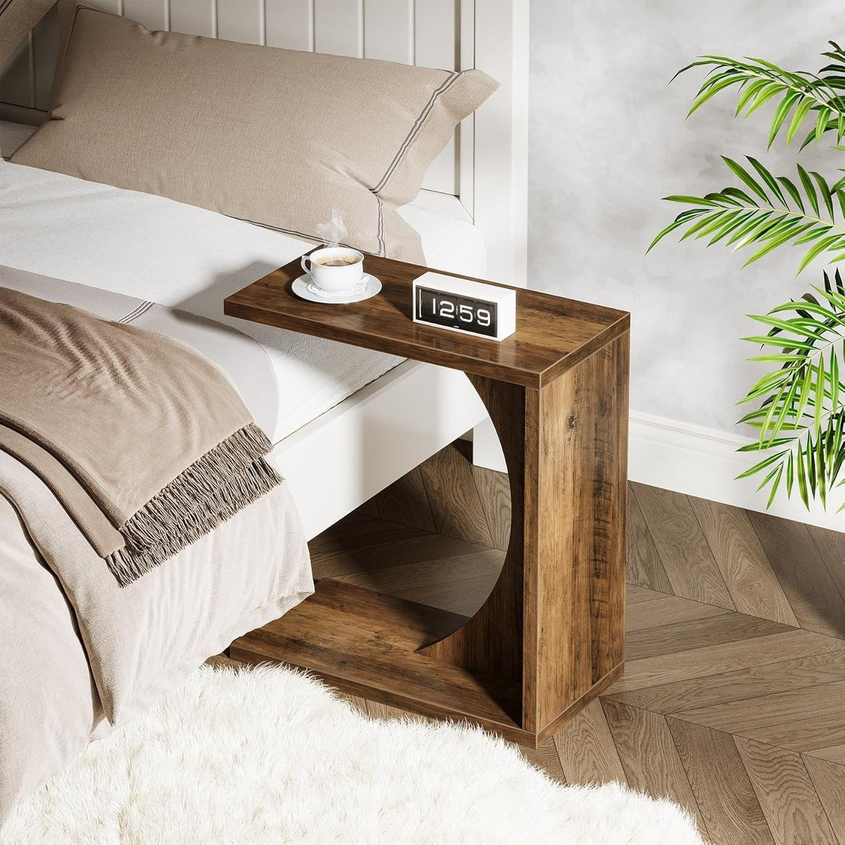 C Shaped End Table for Couch in Rustic Brown, Small Wooden Bedside Table Laptop Work Desk