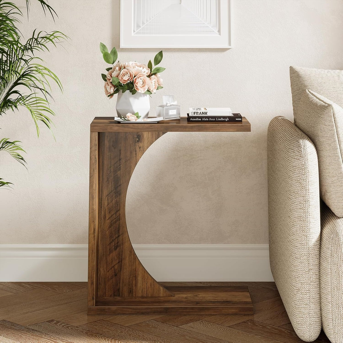 C Shaped End Table for Couch in Rustic Brown, Small Wooden Bedside Table Laptop Work Desk