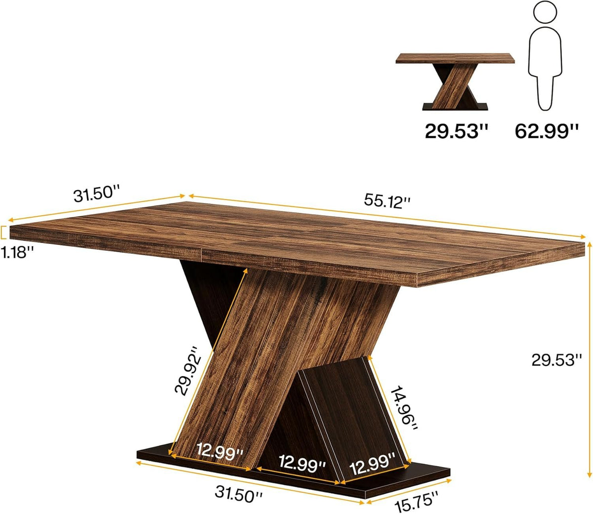 55" Rustic Farmhouse Dining Table, Space-Saving Wood Table for 4