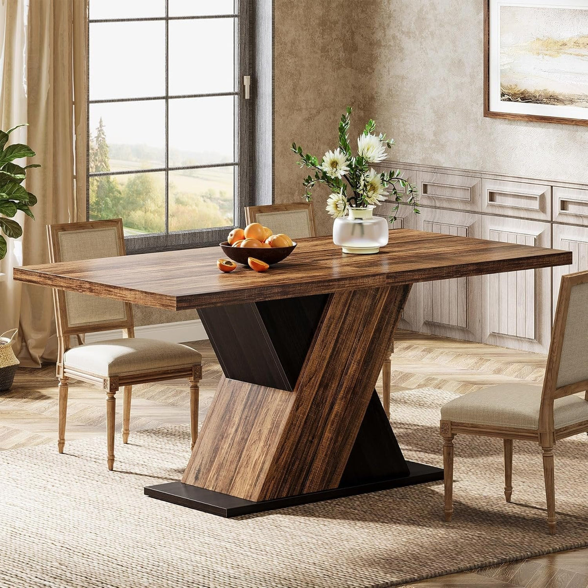 55" Rustic Farmhouse Dining Table, Space-Saving Wood Table for 4