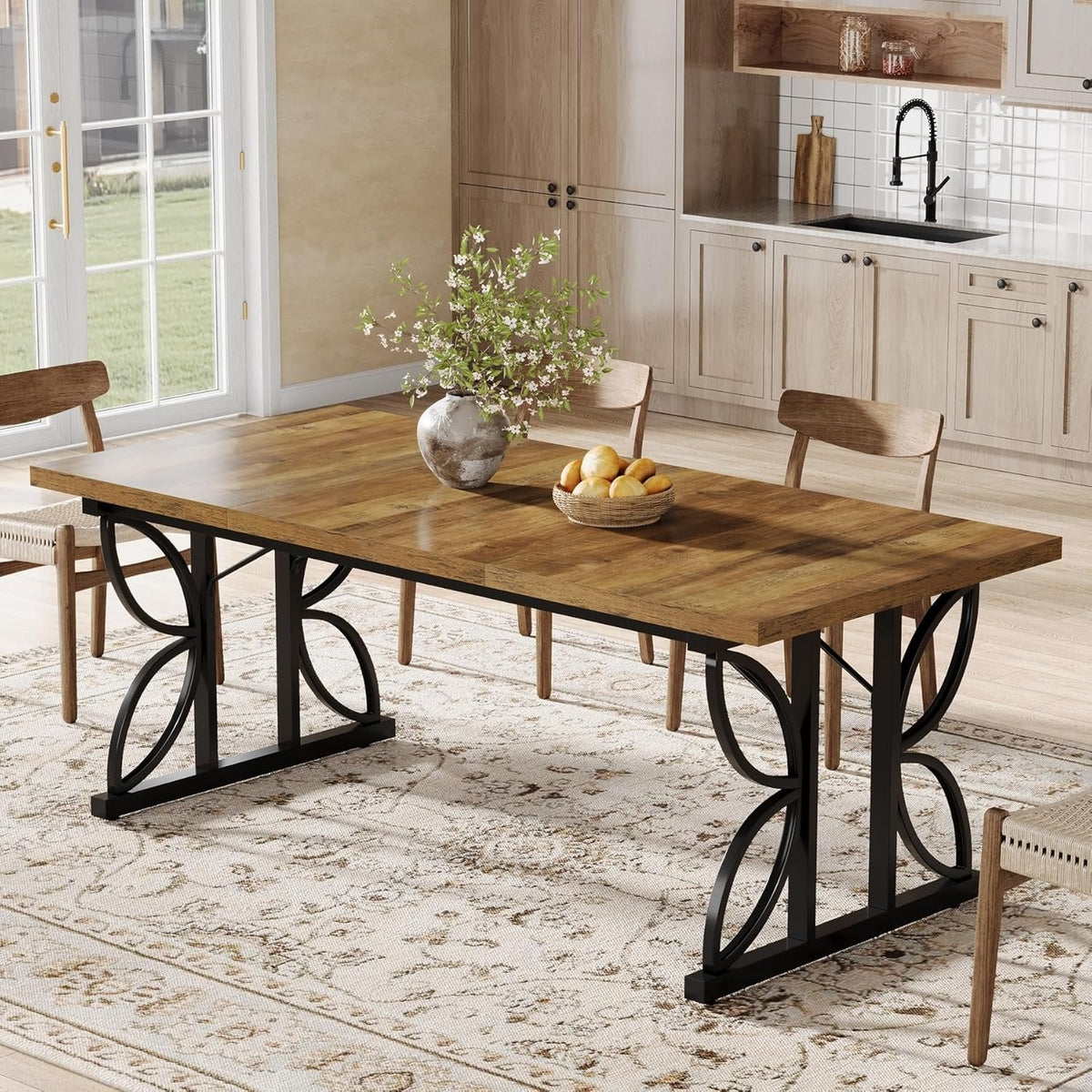 71 x 31.5 Inch Industrial Rectangular Dining Table, Kitchen Table with Metal Base in Brown