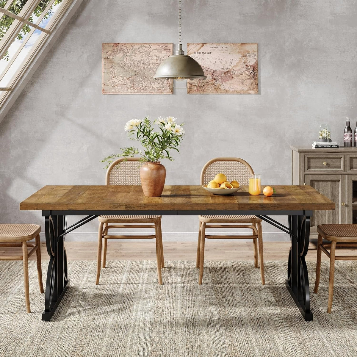 71 x 31.5 Inch Industrial Rectangular Dining Table, Kitchen Table with Metal Base in Brown