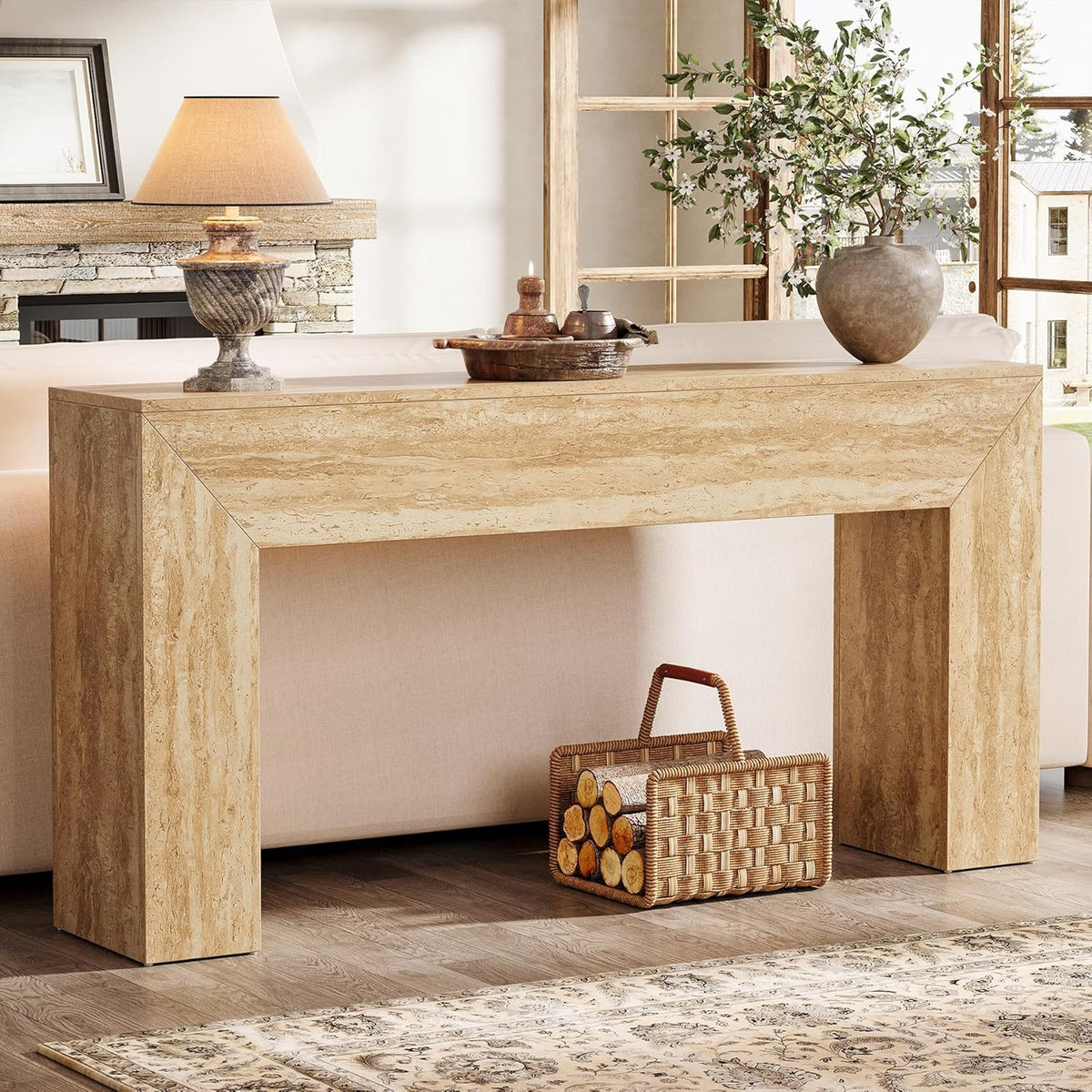 63" Narrow Sofa Console with Faux Travertine Finish