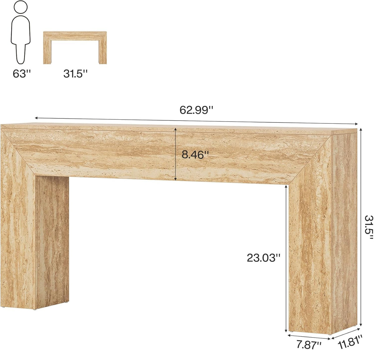 63" Narrow Sofa Console with Faux Travertine Finish