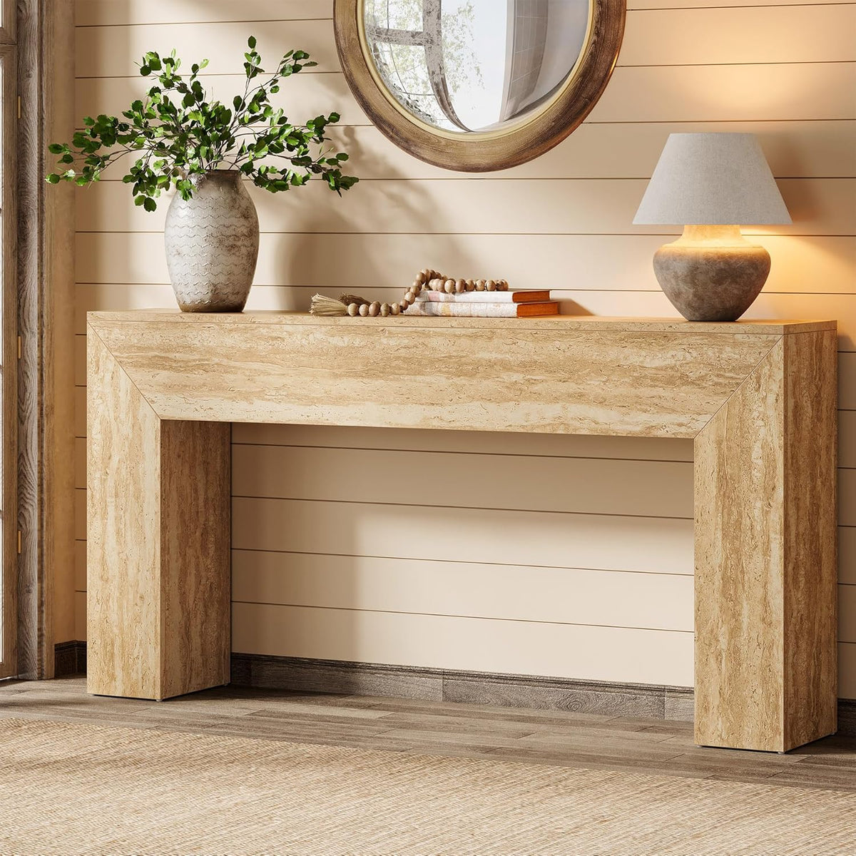 63" Narrow Sofa Console with Faux Travertine Finish