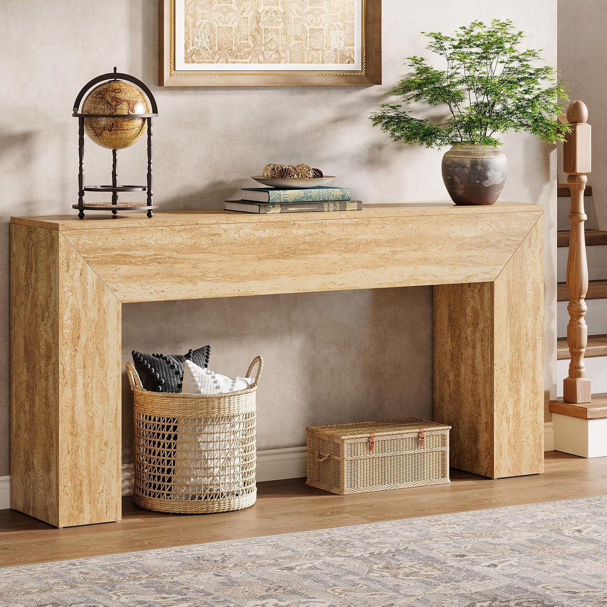 63" Narrow Sofa Console with Faux Travertine Finish