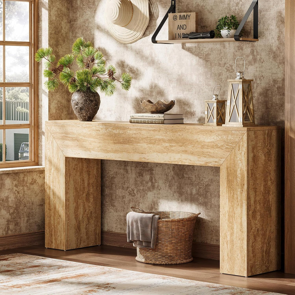 63" Narrow Sofa Console with Faux Travertine Finish