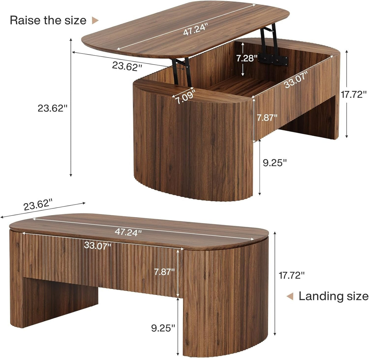 47-Inch Oval Lift Top Coffee Table, Rustic Brown with Storage Shelf and Hidden Compartment