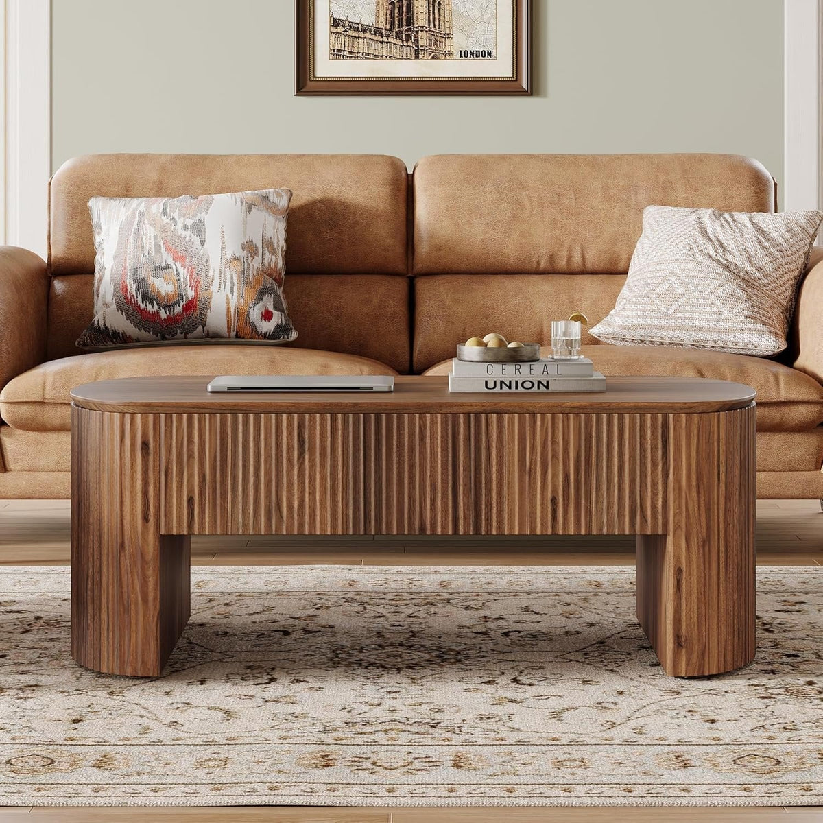 47-Inch Oval Lift Top Coffee Table, Rustic Brown with Storage Shelf and Hidden Compartment