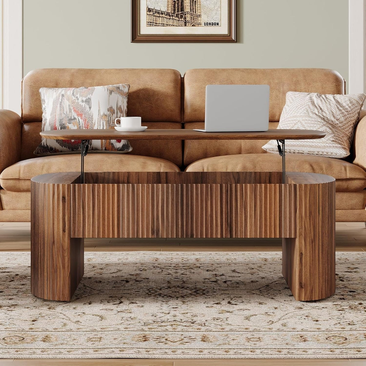 47-Inch Oval Lift Top Coffee Table, Rustic Brown with Storage Shelf and Hidden Compartment