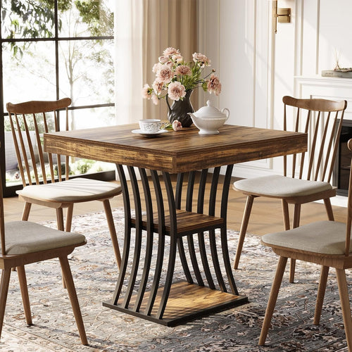 31.5-Inch Square Dining Table for 2–4, Small Kitchen Table with Curved Base and Shelf