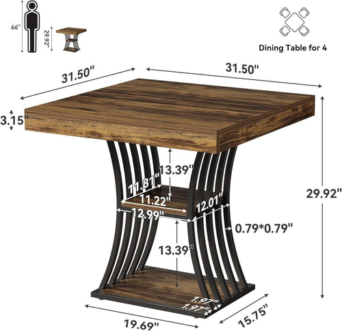 31.5-Inch Square Dining Table for 2–4, Small Kitchen Table with Curved Base and Shelf