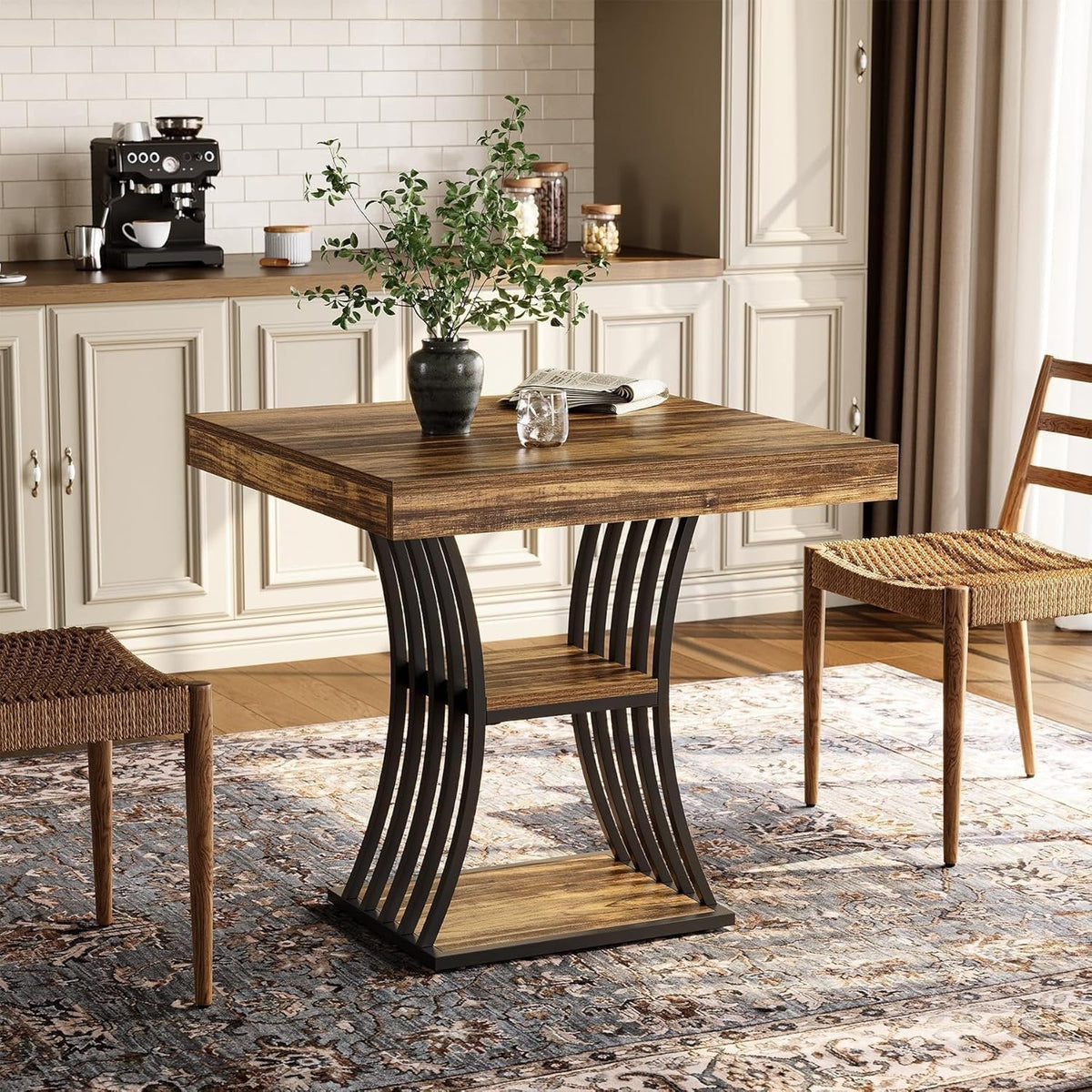 31.5-Inch Square Dining Table for 2–4, Small Kitchen Table with Curved Base and Shelf