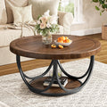 Industrial Round Coffee Table, 35.4 Inch Two-Tier Storage Table in Brown and Black