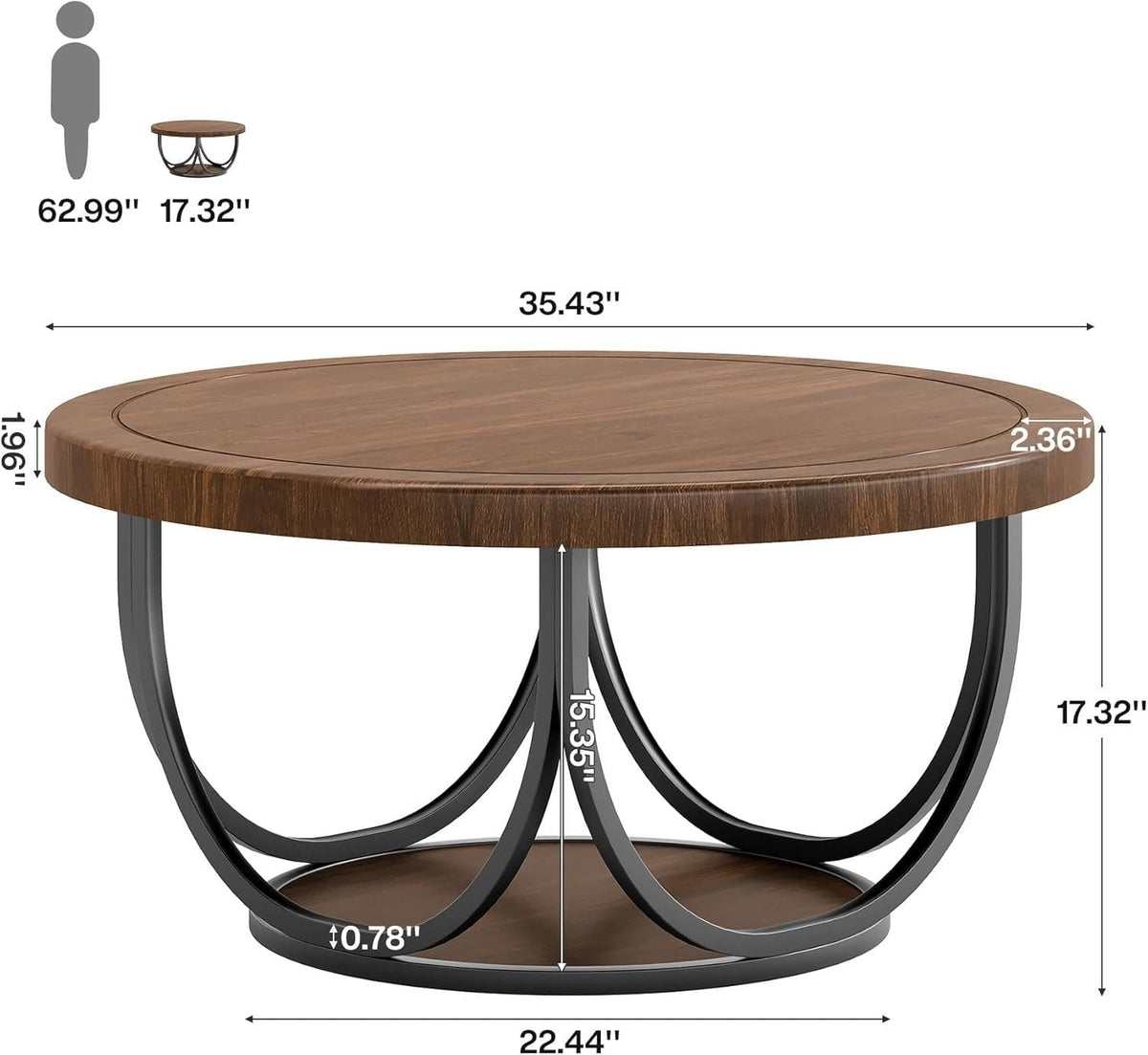 Industrial Round Coffee Table, 35.4 Inch Two-Tier Storage Table in Brown and Black