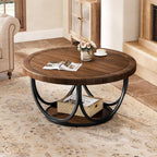 Industrial Round Coffee Table, 35.4 Inch Two-Tier Storage Table in Brown and Black