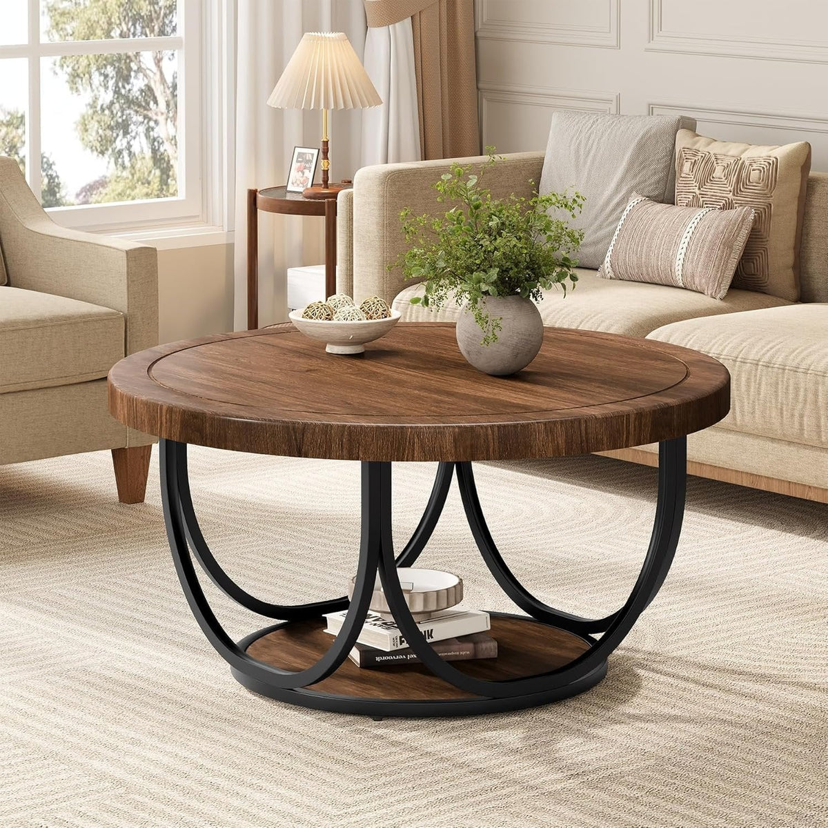 Industrial Round Coffee Table, 35.4 Inch Two-Tier Storage Table in Brown and Black