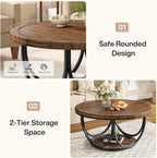 Industrial Round Coffee Table, 35.4 Inch Two-Tier Storage Table in Brown and Black