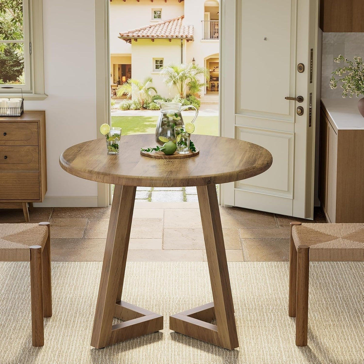 Compact Round Dining Table, 31.5-Inch Kitchen Table for Small Spaces in Warm Brown Finish