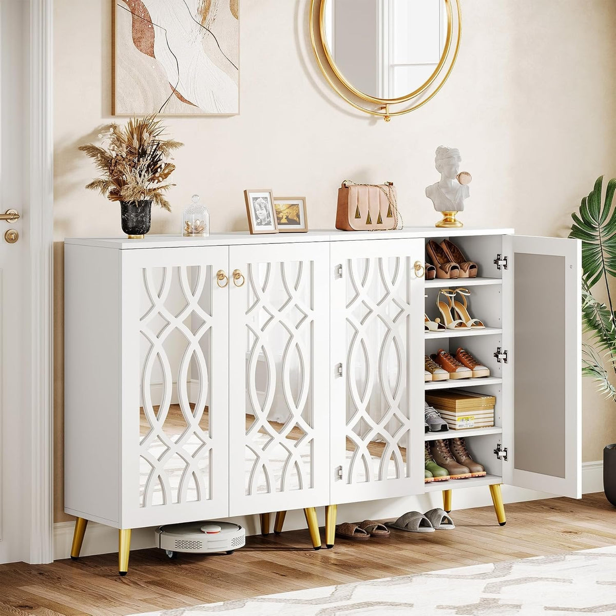 5-Tier Mirrored Shoe Cabinet, White Modern Shoe Organizer with Doors for Entrance or Bedroom