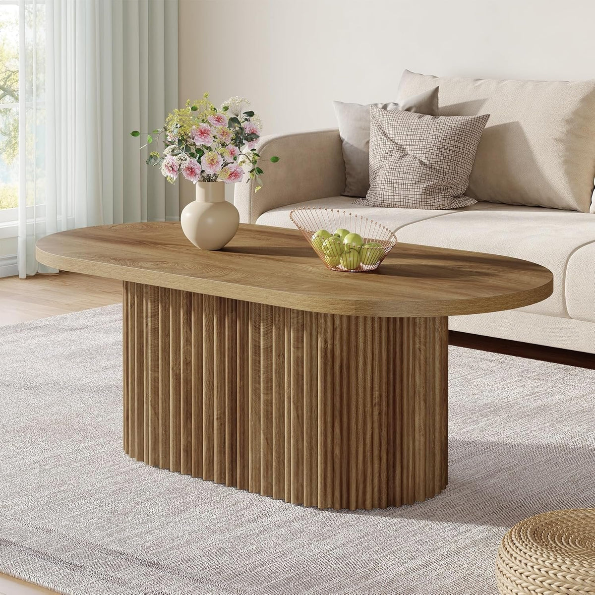 47.2" Oval Coffee Table, Farmhouse Wooden Center Table with Fluted Design for Living Room