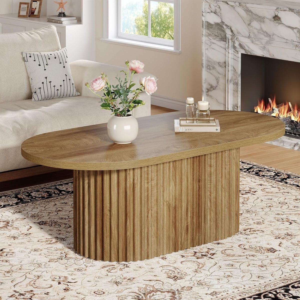 47.2" Oval Coffee Table, Farmhouse Wooden Center Table with Fluted Design for Living Room
