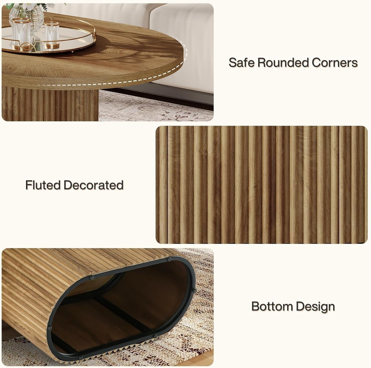47.2" Oval Coffee Table, Farmhouse Wooden Center Table with Fluted Design for Living Room