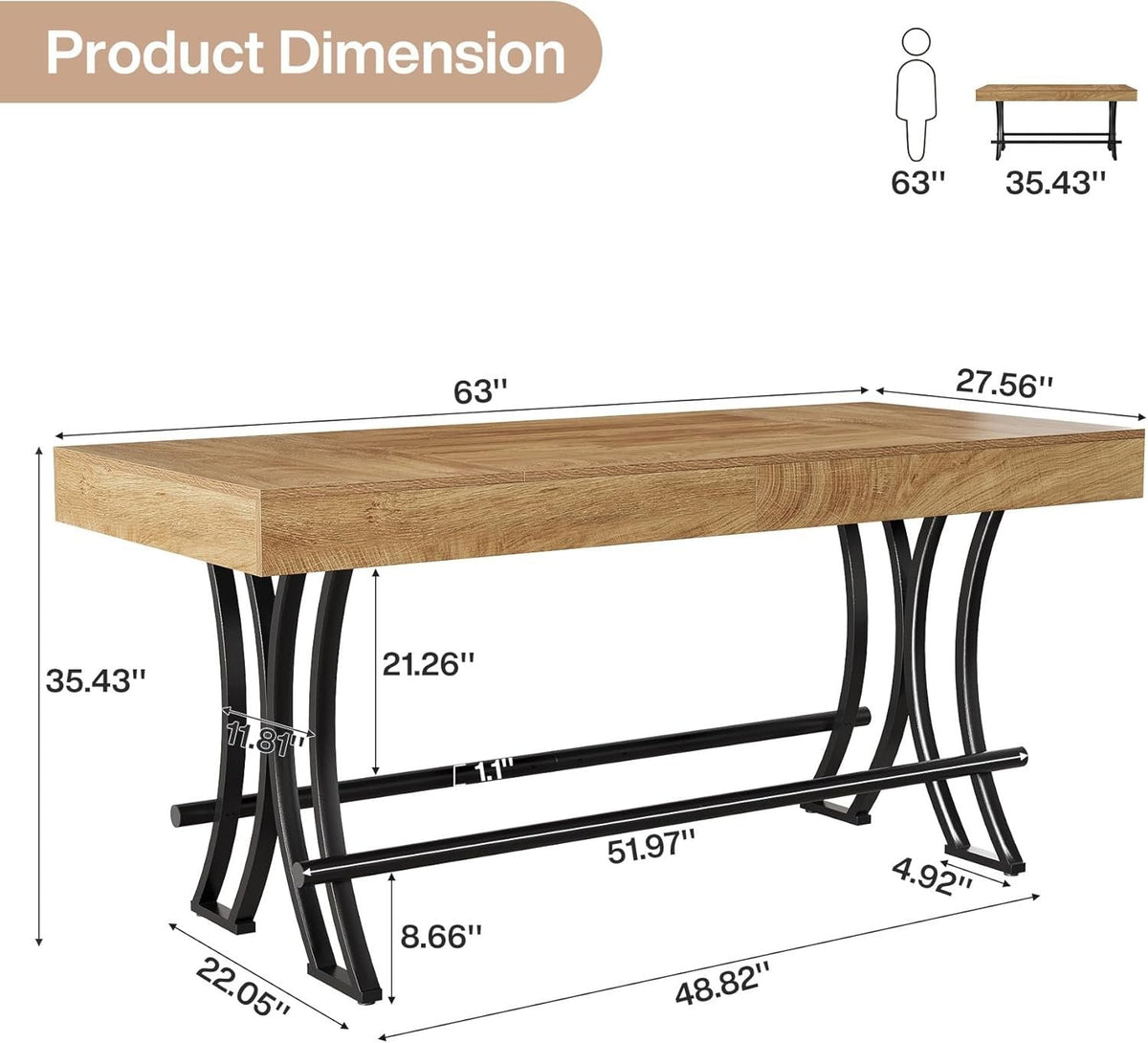 63-Inch Counter Height Bar Table with Metal Footrest