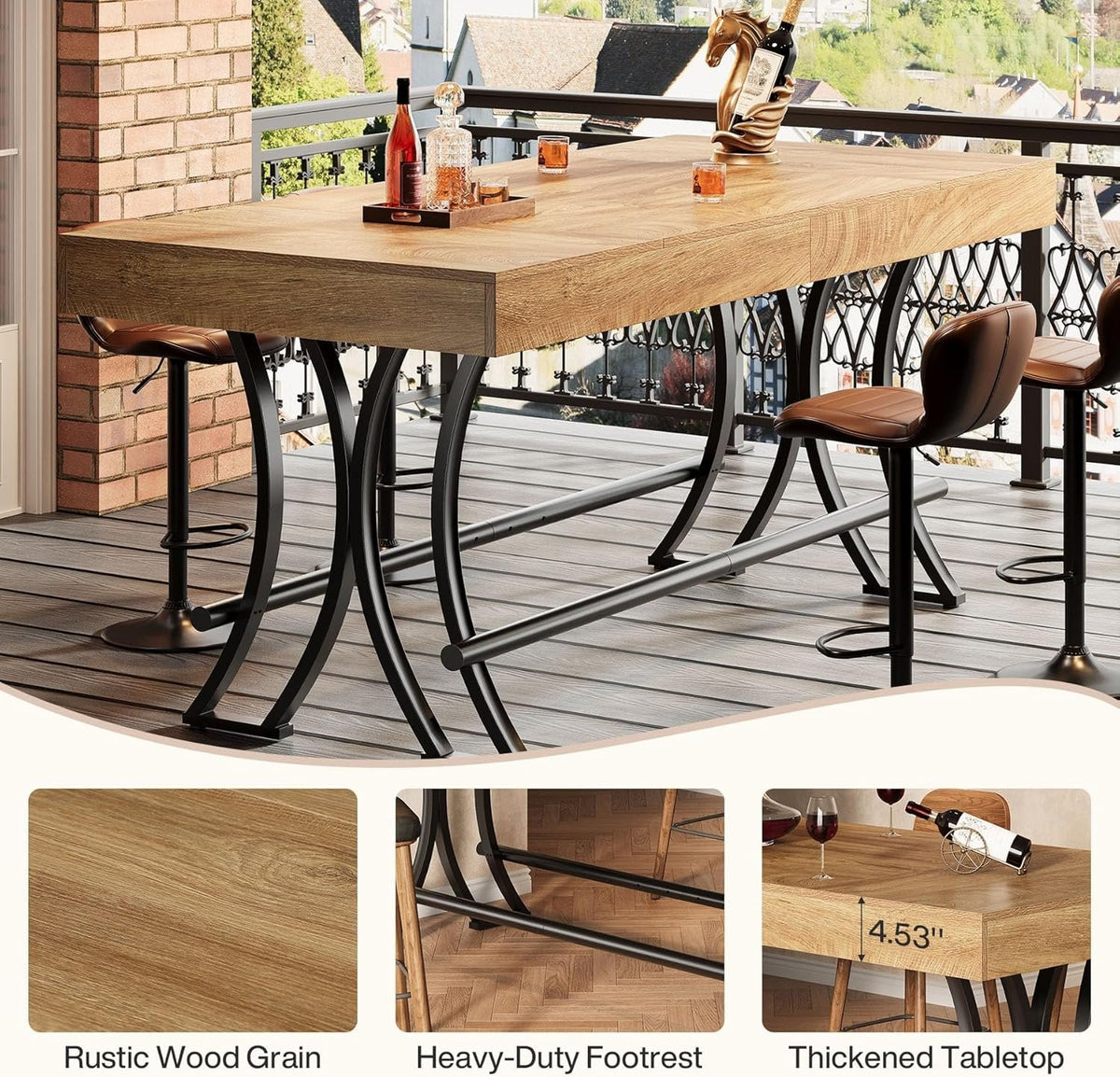 63-Inch Counter Height Bar Table with Metal Footrest