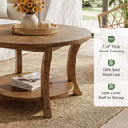 31.5-Inch Round Coffee Table, Solid Wood Table with Shelf