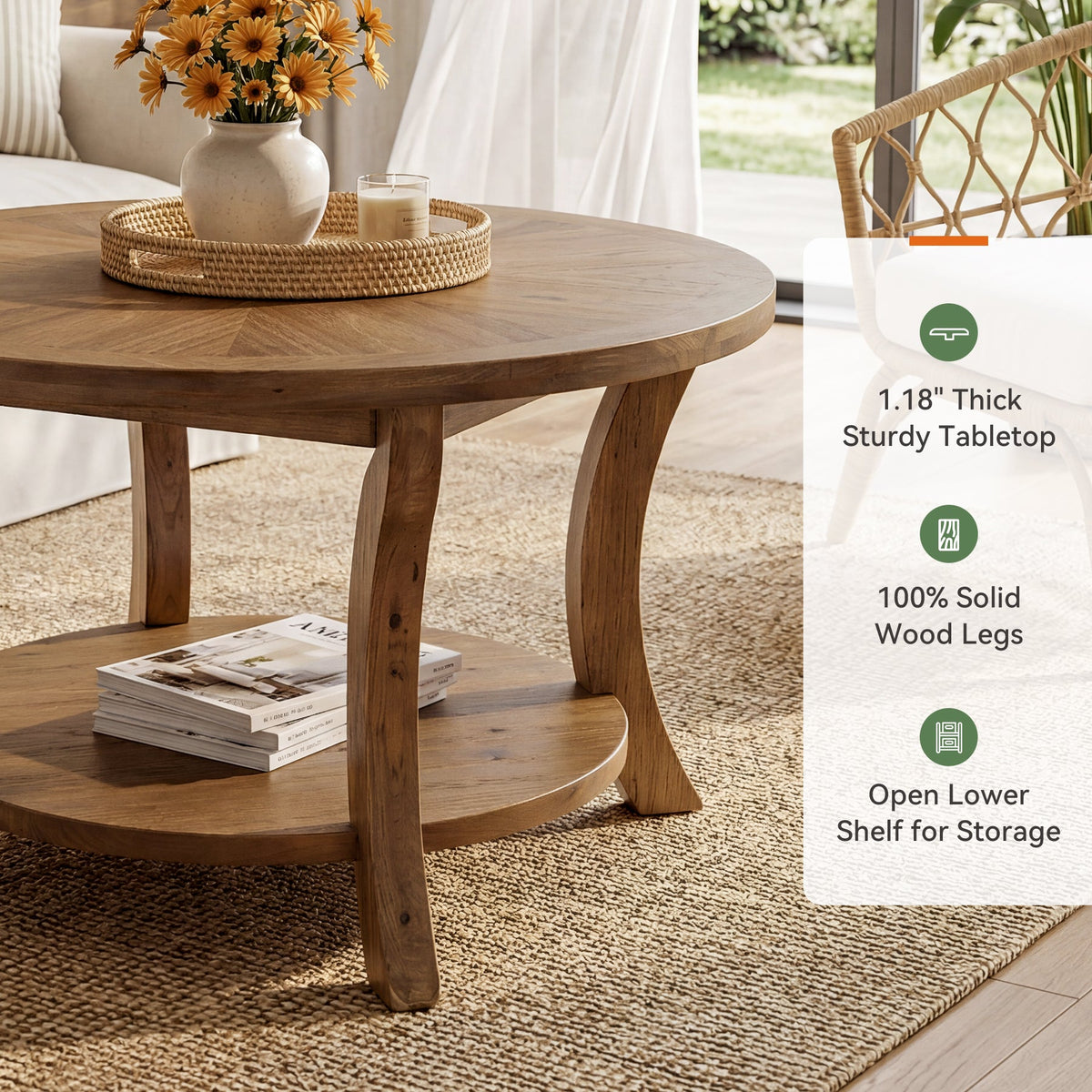 31.5-Inch Round Coffee Table, Solid Wood Table with Shelf