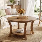 31.5-Inch Round Coffee Table, Solid Wood Table with Shelf