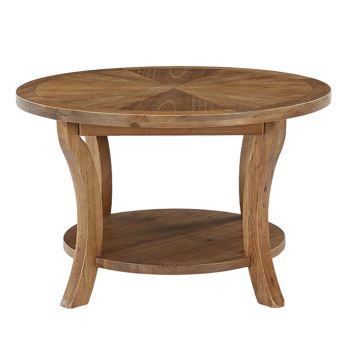31.5-Inch Round Coffee Table, Solid Wood Table with Shelf